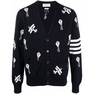 Thom Browne Navy Wool Kite Biplane Intarsia Cardigan 4-Bar Stripe Size 2 Italy
